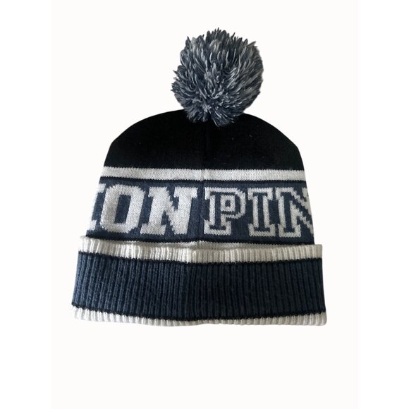Victorias Secret PINK Nation OS / TU Black & Grey Knit Pom Pom Beanie Hat - Picture 5 of 6